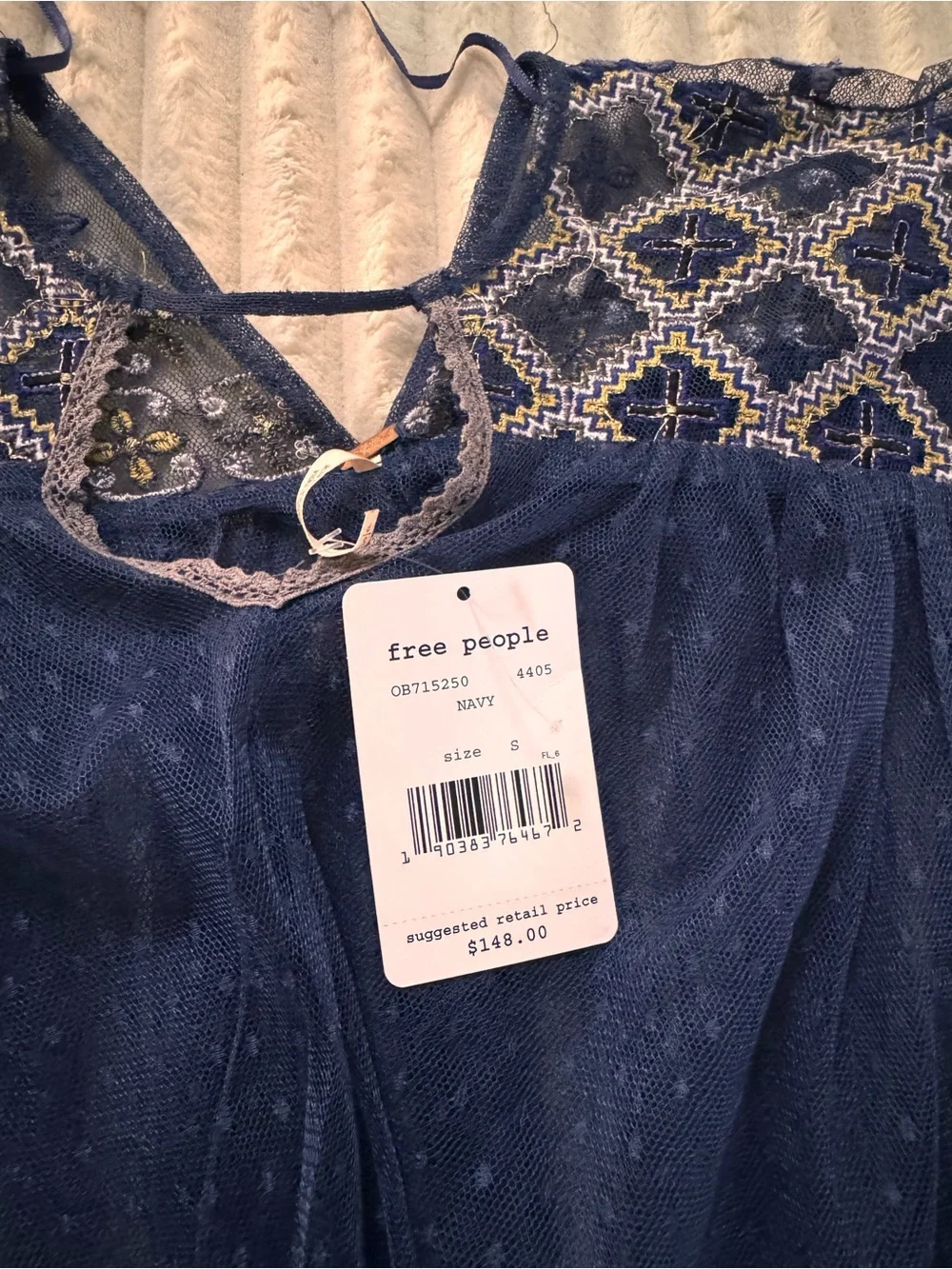 MSRP $148 FREE PEOPLE WOMEN'S NAVY BLUE EMBROIDERED MESH JOYRIDE SHEER TOP Sz S